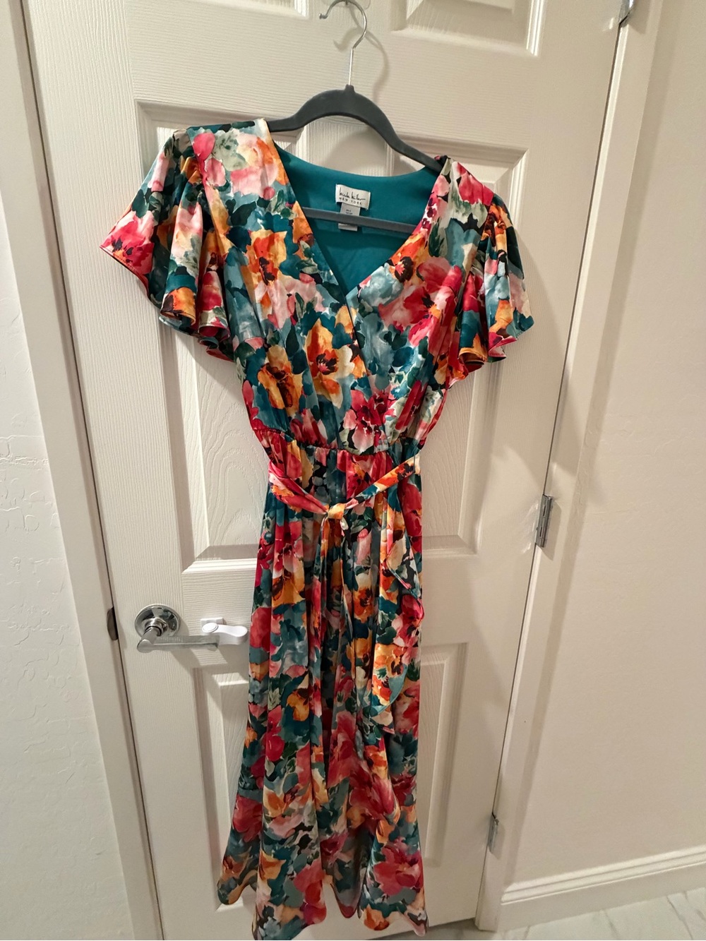 Nicole Miller Teal Floral Midi Dress with Pink, Orange and Yellow Blooms